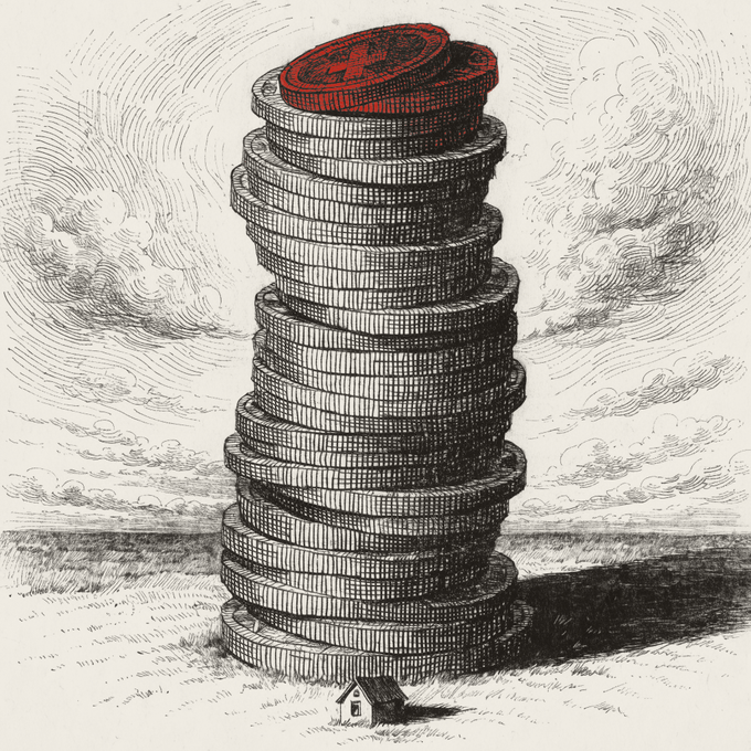 Una torre colosal de monedas sobre una casa pequeña